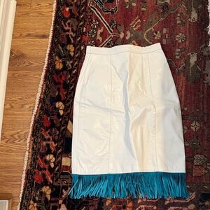 Vintage White leather Skirt with Teal Fringe